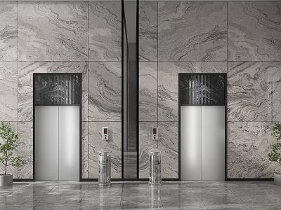 Modern Public Facility Lobby With Elevator Doors Marble Walls And Green Plants 3d model