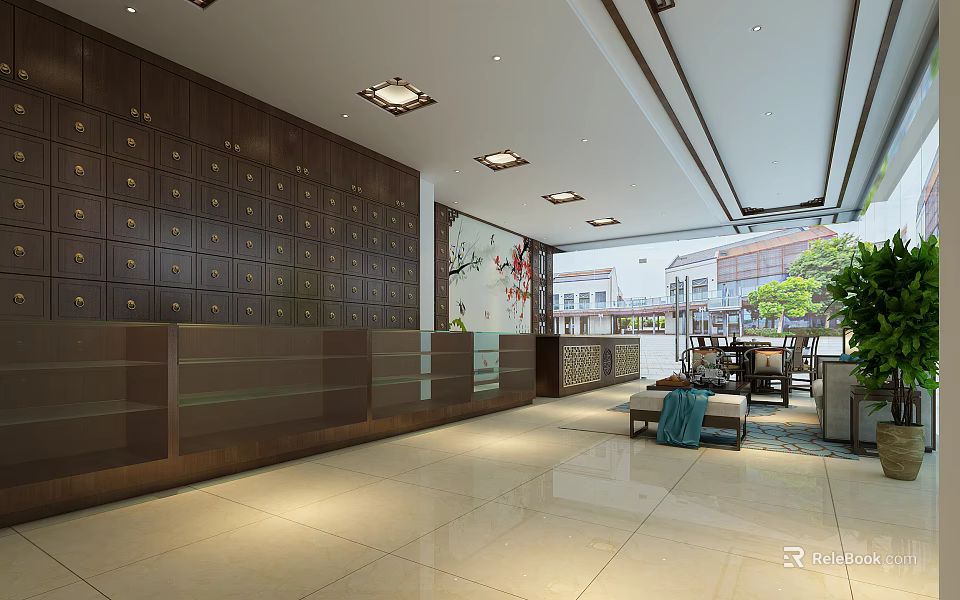 Modern Lobby Interior With Wooden Lockers Reception Desk Tables Chairs And Green Plants 3d model 