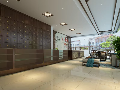 Modern Lobby Interior With Wooden Lockers Reception Desk Tables Chairs And Green Plants 3d model