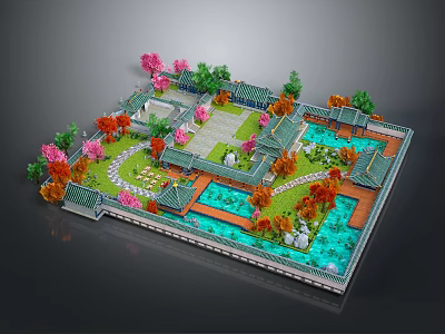 Traditional Chinese Garden Landscape Design With Ponds Colorful Trees Pavilions And Stone Paths 3d model