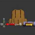 Decorative Ornament Set with Orange Backpack Green Water Bottle Camping Gear and Outdoor Accessories