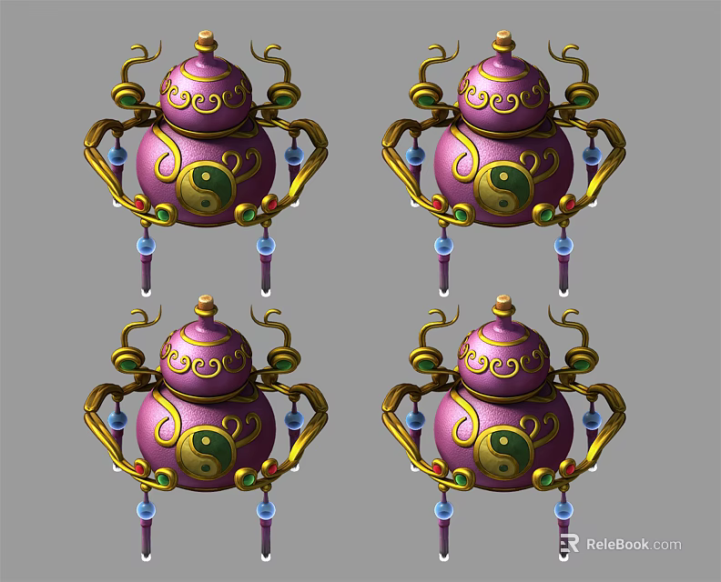 Purple Decorative Ornament Set With Gold Accents Hollow Gourd Design Green Yellow Patterns Blue Pendants 3d model 