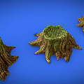 Wooden Stone Stumps With Green Moss Three Decorative Pieces On Blue Background