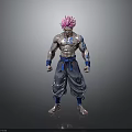 3D Model Male Character Pink Hair Blue Tattoos Blue Belt Torn Pants Muscular Standing Pose