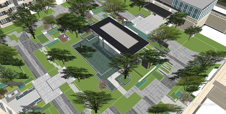 Modern Garden Landscape Design With Central Water Pool Lush Trees And Paved Areas 3d model 