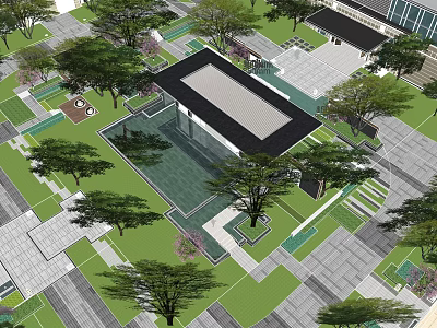 Modern Garden Landscape Design With Central Water Pool Lush Trees And Paved Areas 3d model