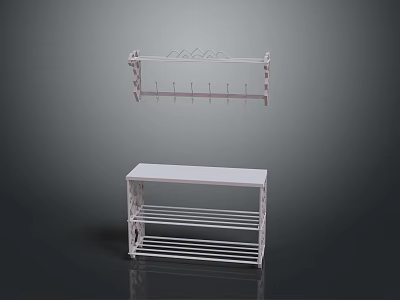White Metal Storage Rack And Hanging Shelf With Hooks And Multi Tiered Design 3d model