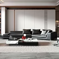 Modern Living Room Interior With Black Sofa Blue Armchair Coffee Table And Rug