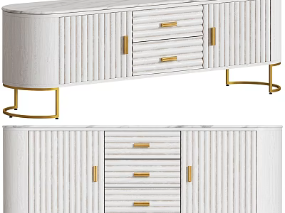 Modern White TV Stand With Gold Metal Legs Vertical Stripes Drawers And Cabinets 3d model