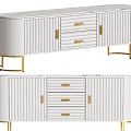 Modern White TV Stand With Gold Metal Legs Vertical Stripes Drawers And Cabinets