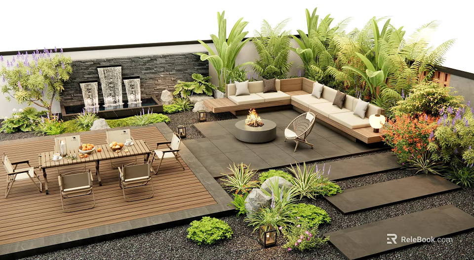 Serene Courtyard Garden With Outdoor Sofa Fire Pit Wooden Deck And Lush Plants 3d model 