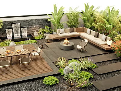 Serene Courtyard Garden With Outdoor Sofa Fire Pit Wooden Deck And Lush Plants 3d model