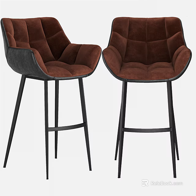 Modern Brown Diamond Tufted Bar Stools With Black Metal Legs 3d model 
