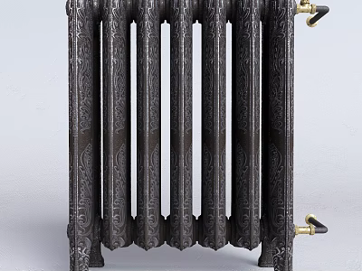 Vintage Cast Iron Radiator With Ornate Patterns And Brass Fittings 3d model