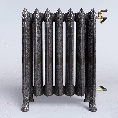 Vintage Cast Iron Radiator With Ornate Patterns And Brass Fittings 3d model