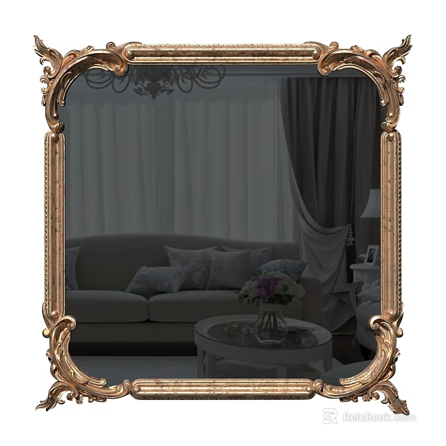 Ornate Framed Mirror Reflecting Living Room With Sofa Throw Pillows Coffee Table And Flower Vase 3d model 