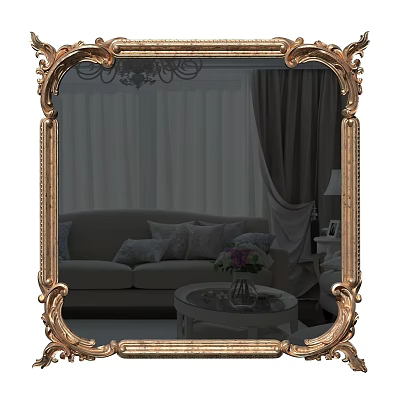 Ornate Framed Mirror Reflecting Living Room With Sofa Throw Pillows Coffee Table And Flower Vase 3d model