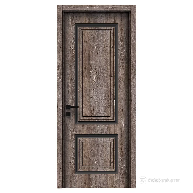 Modern Wooden Swing Door With Double Rectangular Panel Design And Black Handle 3d model 