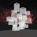 Contemporary Hanging Art Installation With Glass Cubes And Red Decorative Branches