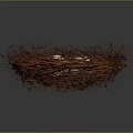 Bird Nest Made Of Straw Containing Four White Eggs On Dark Background