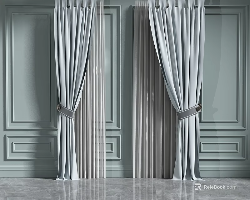 Modern Light Gray Curtains With Textured Fabric And Tiebacks In Paneled Interior 3d model 