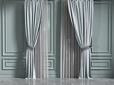 Modern Light Gray Curtains With Textured Fabric And Tiebacks In Paneled Interior 3d model