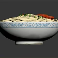 Delicious Noodles In Blue And White Bowl With Green Onions And Red Chili Slices
