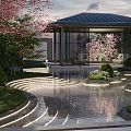 Modern Courtyard Garden With Cherry Blossom Trees Pond Pavilion And Lawn