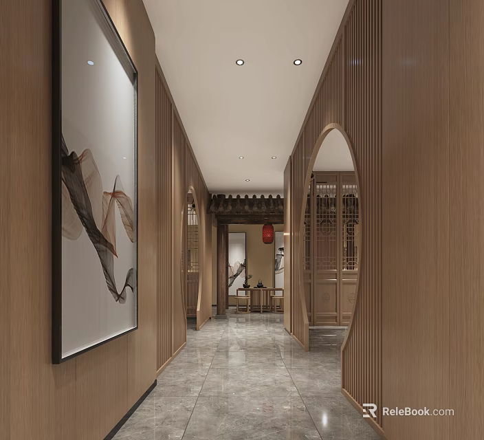 Hotel Corridor With Wooden Walls Decorative Painting Chinese Style Arched Doorway Tile Flooring 3d model 