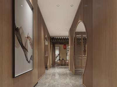 Hotel Corridor With Wooden Walls Decorative Painting Chinese Style Arched Doorway Tile Flooring 3d model