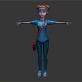 3D Female Character With Red Hair Pigtails Blue Uniform Brown Bag Arms Outstretched Gray Background