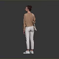 Woman Wearing Brown Top Beige Pants White Sneakers Carrying Beige Bag