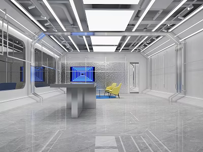 Modern Clothing Store Interior With Metallic Structure Blue Digital Screens Yellow Chairs And Display Table 3d model
