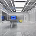 Modern Clothing Store Interior With Metallic Structure Blue Digital Screens Yellow Chairs And Display Table