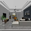 Modern Minimalist Living Dining Room Interior With White Brick Wall TV And Wooden Stand