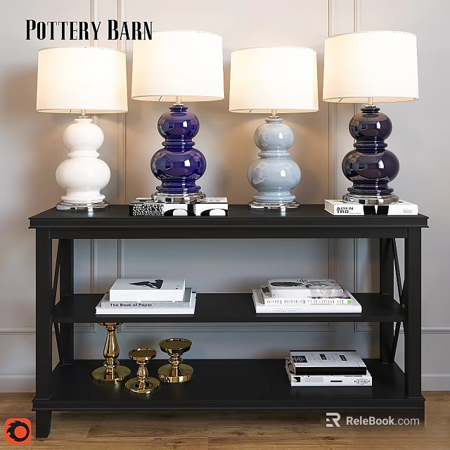 Decorative Ornament Set With Colorful Table Lamps Gold Candle Holders And Books On Black Shelf 3d model 