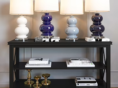 Decorative Ornament Set With Colorful Table Lamps Gold Candle Holders And Books On Black Shelf 3d model