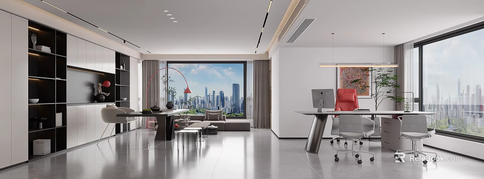 Elegant Spacious Modern Office With Panoramic City View And Functional Work And Lounge Areas 3d model 