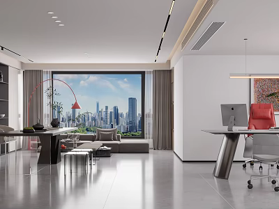 Elegant Spacious Modern Office With Panoramic City View And Functional Work And Lounge Areas 3d model