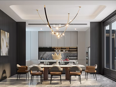 Elegant Modern Restaurant Interior With Marble Dining Table Chairs And Gold Chandelier 3d model