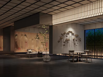 Modern Oriental Hotel Public Lounge Area With Wooden Lattice Ceiling Bamboo View And Decorative Screen 3d model