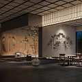 Modern Oriental Hotel Public Lounge Area With Wooden Lattice Ceiling Bamboo View And Decorative Screen