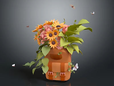 Orange Backpack Adorned With Sunflowers Pink Flowers And Green Leaves Surrounded By Flying Butterflies 3d model