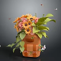 Orange Backpack Adorned With Sunflowers Pink Flowers And Green Leaves Surrounded By Flying Butterflies
