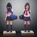Realistic Schoolgirl Statues In Uniform With Backpack Purple Socks Front Back Views On Pedestals