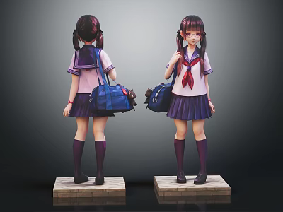 Realistic Schoolgirl Statues In Uniform With Backpack Purple Socks Front Back Views On Pedestals 3d model