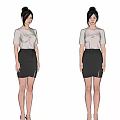 Woman In Beige Bow Detail Short Sleeved Top And Black Side Slit Skirt