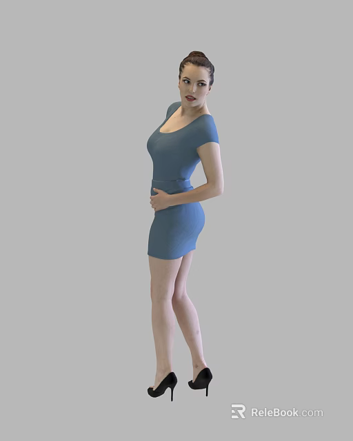 Stylish woman in fitted blue short sleeve dress standing against gray background 3d model 