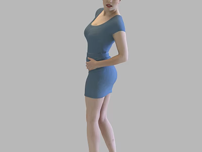 Stylish woman in fitted blue short sleeve dress standing against gray background 3d model