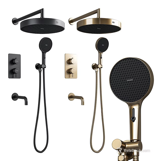 Modern Black And Gold Shower Systems With Rainfall Head Handheld Sprayer And Control Knobs 3d model 